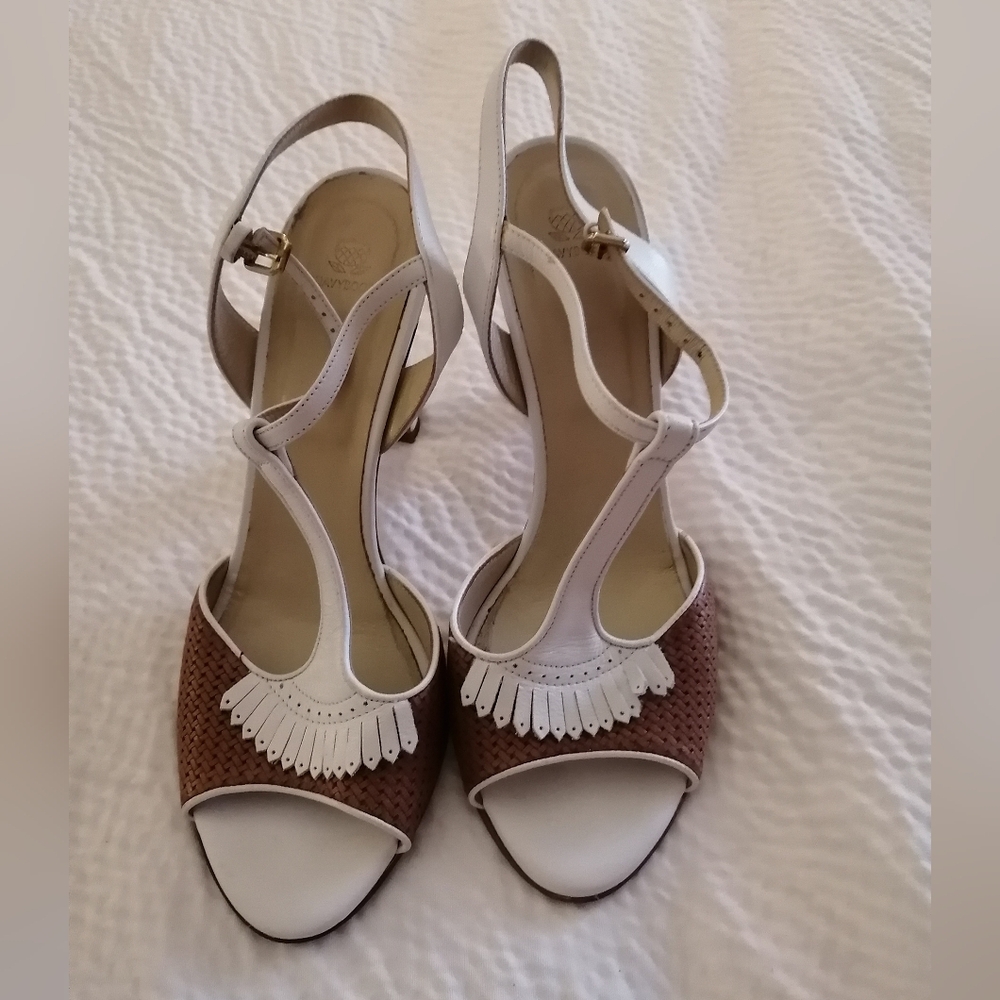 Navyboot White Leather Heels Sandals with Brown insertions Size 8 Made in Italy
